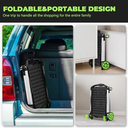 8-in-1 Max 200LBS Collapsible Shopping Cart on Wheels with 2 Storage Crates, Portable Foldable Shopping Cart with Foot Brake for Picnic, Supermarket, Office, Green-2026 Upgraded - Image 4