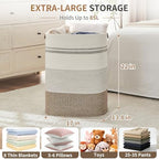 AINUOQI Laundry Hamper - Tall Woven Rope Laundry Basket - Clothes hamper with Leather Handles, 17" X 13.8" X 22", Blanket Storage Basket for Living Room, Rice Brown & White - Image 2