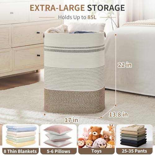 AINUOQI Laundry Hamper - Tall Woven Rope Laundry Basket - Clothes hamper with Leather Handles, 17" X 13.8" X 22", Blanket Storage Basket for Living Room, Rice Brown & White - Image 2