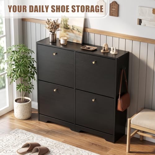 Nicetree Shoe Cabinet, 4 Flip Drawers Slim Black Entryway Storage - Image 3