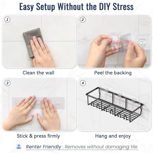 8 Pack Adhesive Large Capacity No-Drilling Shower Caddy, Black - Image 6