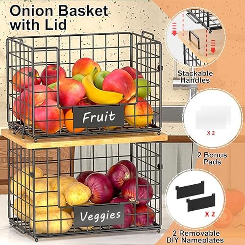 2-Pack Stackable Wire Baskets with 2 Pads & Bamboo Top, Pantry Organizer - Image 4