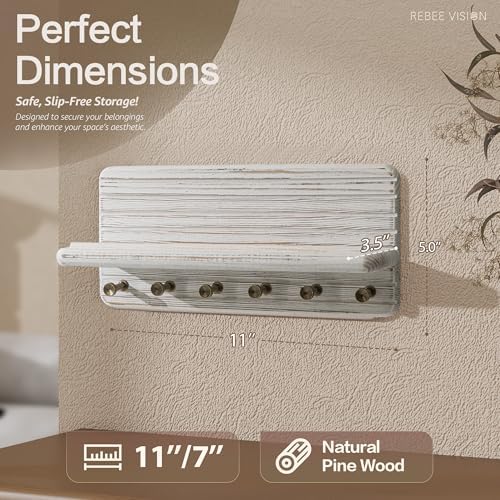 Rebee Vision Key Holder Wall Mount with 6 Hooks for Room Decor, Whitewash - Image 2