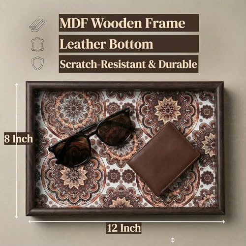 Wooden Valet Tray with Leather Base - Nightstand Catchall Organizer for Cologne, Perfume, Keys, Wallet, Phone, Watch, Jewelry & Sunglasses (Bohemian) - Image 6