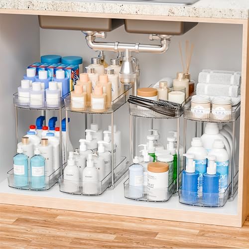 4 Pack Large Pull Out Bathroom Organizers and Storage,2 Tier 12.8″ Tall Sliding Kitchen Under Sink Organizer for Cleaning Products Storage,Acrylic Clear Bathroom inder Sink Organizer,Undersink Storage by Yieach