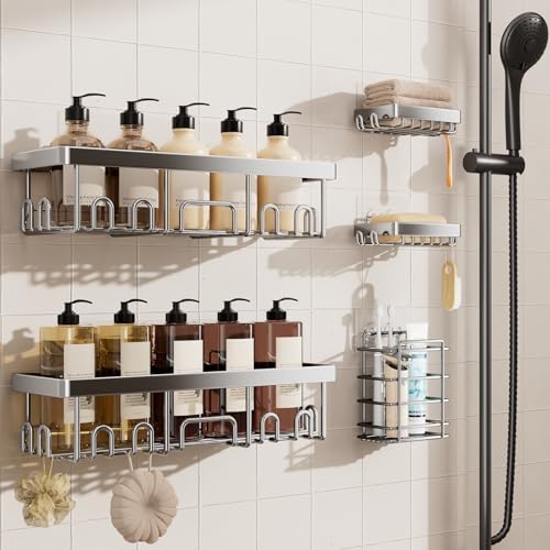 Veken Shower Caddy 5-Pack, Bathroom Organizers and Storage Shelves, Silver by Veken