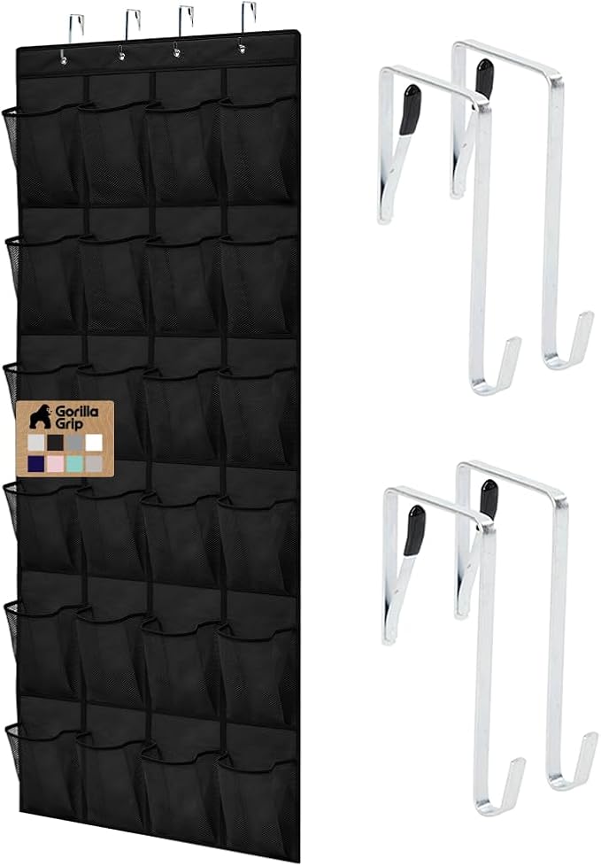 GORILLA GRIP Over the Door Shoe Organizer, 24 Large Pockets, Black | Breathable Mesh Pocket, Space Saving Hanging Storage Holder, Closet Rack Hanger for Shoes, Pantry and Bathroom Accessories by Unknown