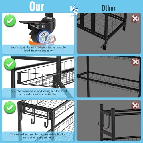 Sports Equipment Garage Organizer - Heavy Duty Garage Organization Ball Storage Rack with Basket, Hooks and Rolling Cart for Sports Gear and Toy Storage, Indoor/Outdoor Use, Black - Image 4
