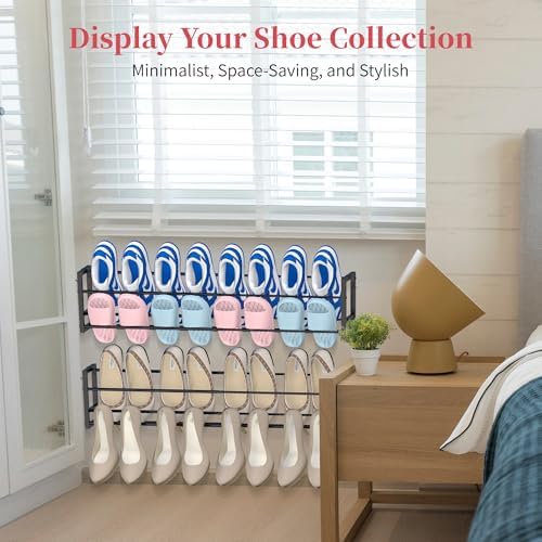 3 Pack Wall Mounted Shoe Rack for Narrow Spaces, Hanging Shoe Rack Holds 24 Pairs, 17"-30"Adjustable Heavy Duty Wall Shoe Storage with 6 Storage Hooks, Space Saving for Closet Entryway Door, Black - Image 5