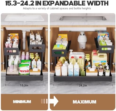 1 Pack Expandable Under Sink Organizers And Storage With Upgrade Ball-Bearing Slide Tracks,2-Tier Pull Out Under Cabinet Organizer Height Adjustable,Slide Out Under Sink Drawers-Black(Patent Pending) - Image 7