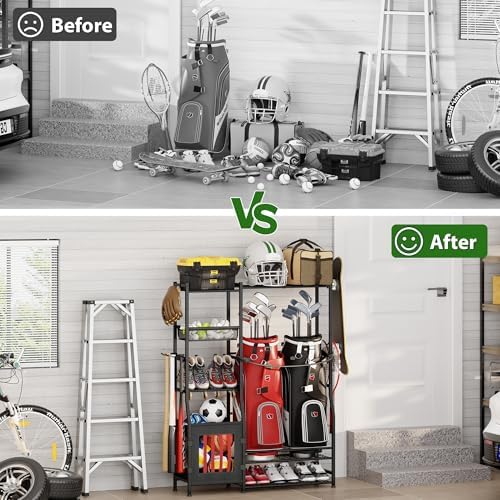 Sports Equipment Organizer Garage Organization , Golf Bag Storage Rack, Organizer for 2 Golf Bag , Indoor/Outdoor Ball Storage Bins for Toy Sports Gear Storage, Ideal for Home, Garage, Club, Basement - Image 6