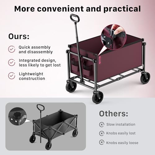 29.3" Collapsible Wagon Cart, 150L Heavy Duty Folding Utility Wagon with Wheels, 260 lbs Load, Portable Rolling Cart for Garden, Shopping, Sports, Camping, WineRed - Image 6