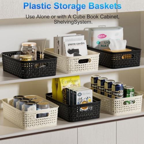 FUCDTEFC White Plastic Basket, 8 Pack Home Organization and Storage Baskets with Handles, Space Saving Woven Organizer Bins Plastic Storage Basket for Organizing Cabinets,Closets, Shelves, Countertops - Image 3