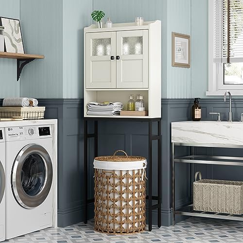 Over The Toilet Storage Cabinet, Above Toilet Bathroom Storage Cabinet with Double Doors and Soft Hinges Over Toilet Storage Shelf Over Toilet Bathroom Organizer (Cream White) - Image 5