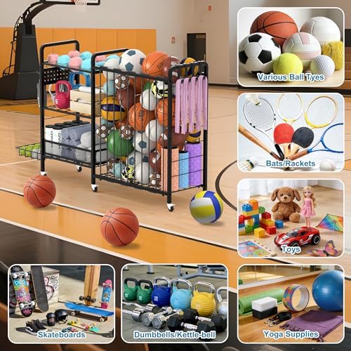 Sports Equipment Garage Organizer,Garage Ball Storage Rack for Sports with Wheels-Upgraded 3 Layers Organizer Rack Outdoor Basketball Racks for Balls with Holder and Hooks (Deep Black) - Image 3