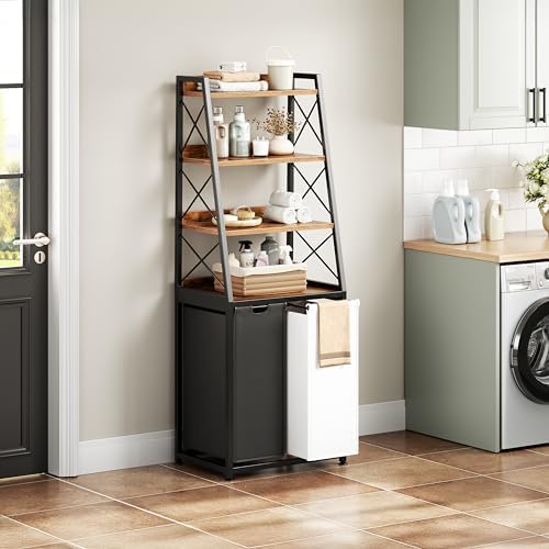 Herture Laundry Basket, 2 Section Laundry Hamper with 4 Tiers Shelf, Pull-Out and Removable Laundry Bags, Large 2 x 15.87 Gallons, for Bedroom Bathroom Rustic Brown PF11XLN - Image 2
