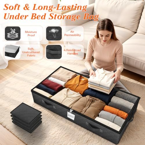 90L Under Bed Storage Containers, Storage Bags, Organizers, 4-Pack, Black | Foldable, Soft Fabric, Closet Organizers, Reinforced Handle, Label Holder, Clear Window, for Comforters, Clothing, Blankets - Image 3