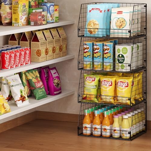 4 Pack XXL Stackable Wire Storage Basket, Extra Large Capacity Pantry Organizer and Storage, Muti-Purpose for Vegetable Fruit Basket & Can Organizer & Snack Rack & Metal Pantry Bin - Image 4