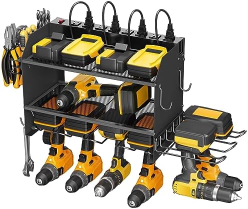 CCCEI Modular Power Tool Organizer Wall Mount Charging Station, Black 6 Drills Holder with 8 Plug Power Strip, Garage Drill Battery Heavy Duty Metal Shelf, Utility Rack with Hooks, Side Storage. by CCCEI