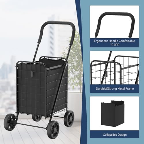 Whitmor Foldable Utility Shopping Cart with Wheels, 60Lb Capacity, Heavy Duty Grocery Cart with Steel Frame, Foam Handle, Rolling Utility Cart for Grocery, Laundry, Travel, Black/w Liner - Image 4