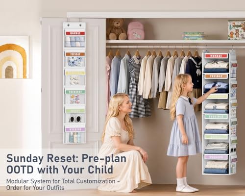 DIMJ Weekly Clothes Organizer for Kids - 2 in 1 Hanging Closet Organizer 6-Shelf Daily Monday Friday and Weekend Hanging Shelf Over the Door/Closet, for School Outfits for Girls/Boys, White - Image 3