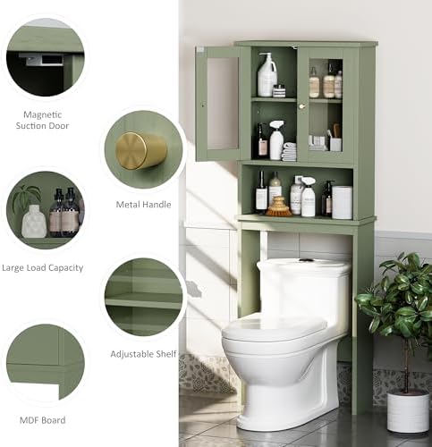 Over the Toilet Storage Cabinet for Bathroom, Storage Organizer Over Toilet, Space Saver with Tempered Glass Doors, Green - Image 5