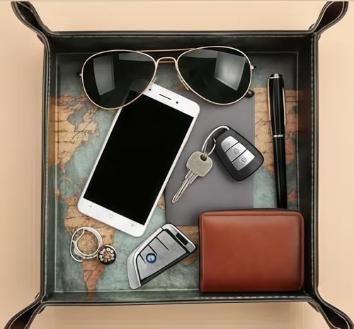 Valet Tray Desktop Storage Organizer, Vegan Leather Catchall Bedside Vanity Tray Nightstand Caddy Holder for Remote Controller, Watch, Keys, Phone, Wallet, Sunglasses, Jewelry - Map - Image 5