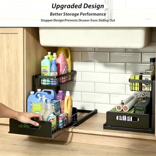 2 Pack Upgraded Under Sink Organizer, 2 Tier Pull out Kitchen Cabinet Organizer Metal Slide out Bathroom Organizers and Storage Makeup Drawer Organizer for Office Bedroom Restroom Living Room, L-Black - Image 5
