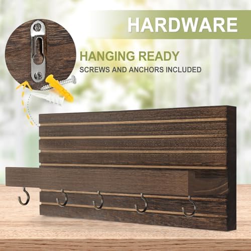 Lwenki Decorative Key Holder for Wall with Shelf, Entryway Shelf with Hooks Holds Leashes, Jackets and Glasses – Sturdy Wood Keyholder Entrance Hanger with Mounting Hardware (Brown, Medium) - Image 4