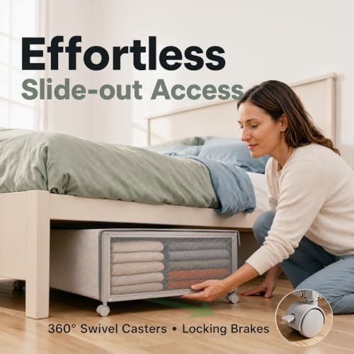 Fokyfok 2Pack Under Bed Storage Containers,10 inch Height,31 inch Long | Under Bed Shoe Storage,Underbed Storage with Wheels,Large Rolling under bed Clothes Storage Drawers,Lid,Dorm Tall,Grey - Image 2