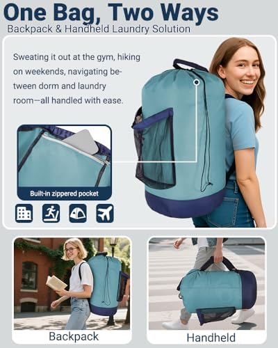Laundry Bag with Shoulder Straps and Mesh Pocket Laundry Backpack Large Portable Laundry Hamper for College Laundromat Apartment - Image 4