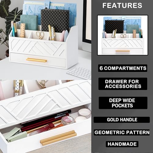 dreampossible white Wood Desk Organizer and Accessories with Drawer, Bill Mail Organizer and File Mail Holder for Office Supplies, Modern Desk Accessories & Workspace Organizers for Desk Organization - Image 6
