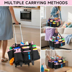 Large Rolling Cleaning Caddy Bag with Detachable Trolley,Cleaning Cart on Wheels with Shoulder Strap,Cleaning Supplies Organizer for Housekeepers,PInk - Image 5