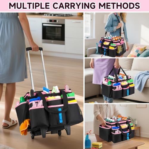 Large Rolling Cleaning Caddy Bag with Detachable Trolley,Cleaning Cart on Wheels with Shoulder Strap,Cleaning Supplies Organizer for Housekeepers,PInk - Image 5