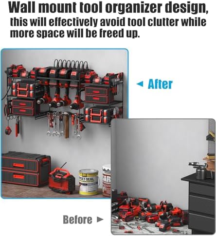 CCCEI Black Power Tool Organizer Wall Mount, Large Tools and Battery Storage Rack Charging Station Individual Switches. Drills Holder, Garage Utility Shelves with 6FT Power Strip. Gift for Men. - Image 4