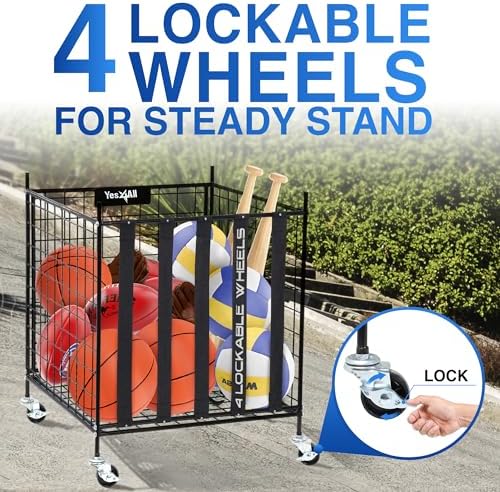 YES4ALL Rolling Ball Cart Storage with Lockable Wheels Volleyball Basketball Holder, Toy Balls Bin, Garage Cage, Storage Racks, Sports Equipment Organizer, Ball Rack for Outdoor Indoor Use - Image 4