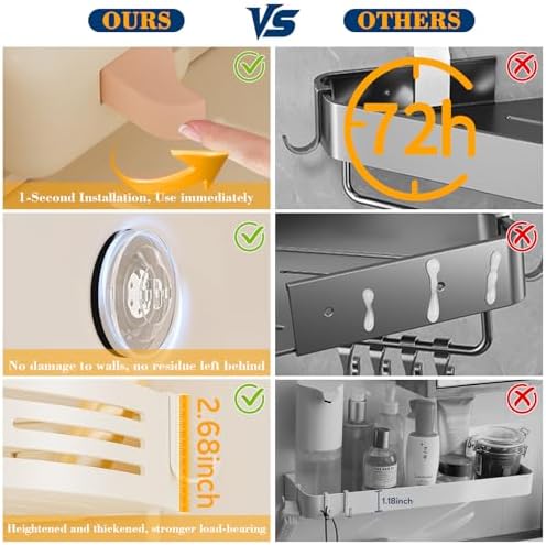 Corner Shower Caddy Suction Cup, No-Drilling Hanging Shower Shelves with Hooks, Waterproof & Rustproof Removable Shower Organizer for Bathroom Storage - Image 4