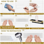 Shower Caddy Adhesive with 5 Hooks & Drainage, No-Drill, Gold - Image 6