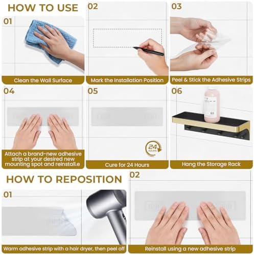 Shower Caddy Adhesive with 5 Hooks & Drainage, No-Drill, Gold - Image 6