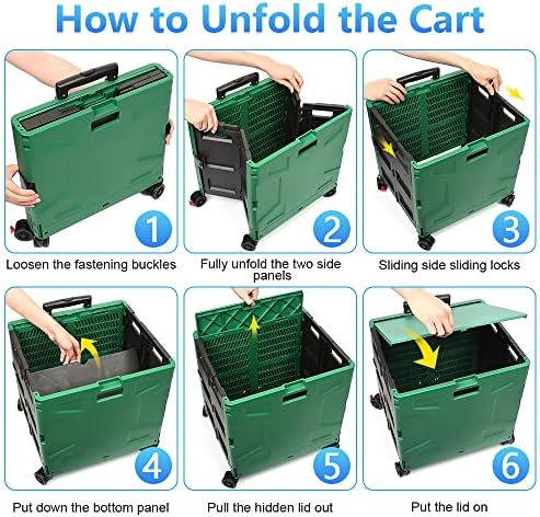 Foldable Shopping Utility Cart Portable Rolling Crate Handcart with 360°Rotate Wheel,Hidden Lid,Telescoping Handle Collapsible for Travel Shopping Moving Storage Office Use(DarkGreen) - Image 5