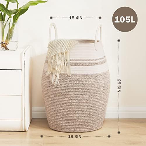 Extra Large Laundry Hamper Basket 105L Woven Blanket Basket, Brown & White - Image 6