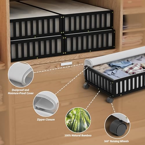 2 Pack Large Bamboo Under Bed Storage Containers with Wheels, Black | Underbed Drawer Storage with Bag, Wood Rolling Underbed Organizer for Shoes, Sheets Clothes Blanket Comforter, Under Crib Toy - Image 3