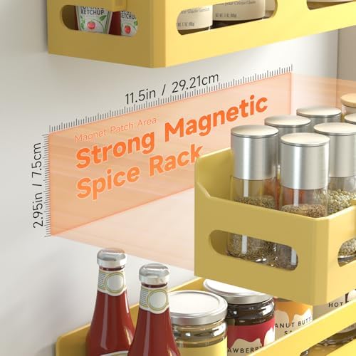 Sevenblue 4-Pack Magnetic Spice Rack for Refrigerator with Hooks, Yellow - Image 2