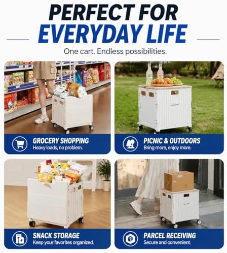 Foldable Utility Cart with Stair Climbing Wheels, Collapsible Rolling Crate with Telescoping Handle, Folding Shopping Trolley Handcart Grocery Book File Tool Teacher Storage Basket (White, 4 Wheels) - Image 6