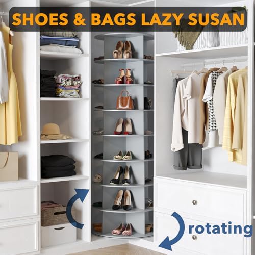 SpaceAid 8 Tier Rotating Shoe Rack Tower, Spinning Shoe Display Lazy Susan, Revolving 360 Shoe Rack Storage Round Carousel, Vertical Handbag Rotate Shoes Closet Organization (8-Tier Gray) - Image 4