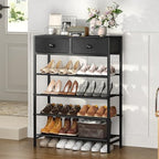 5 Tier Shoe Rack with Drawers, Metal & Wood Shelf Black - Image 4