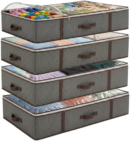 Underbed Storage Bags 4-Pack - Foldable Under Bed Storage Organizer for Clothes, Bedroom Blankets, Comforter, Pillows, Linen Sheets, Towels, Sweaters, Shoe Drawers - Ideal for College Dorms (Grey) by Masirs