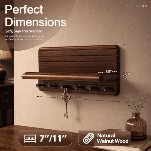 Walnut Wood Key Holder Wall Mount with Round-Corner for Room Decor, Brown - Image 2