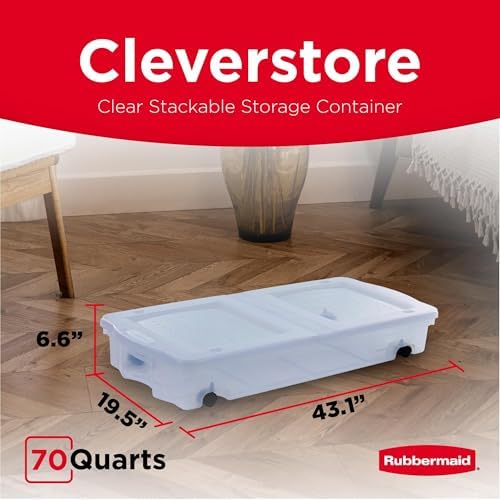 Rubbermaid 68 Quart Under the Bed Low Profile Storage Boxes with Dual Hinged Lids and Easy Rolling Caster Wheels, Clear, 2 Pack - Image 2