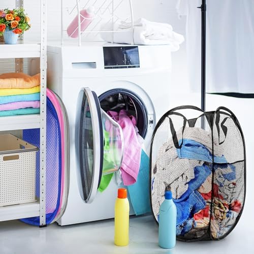 Collapsible Pop Up Laundry Hamper, Extra Large Mesh Foldable Laundry Basket Bag, 28" x 16" x 16", 4 Pack (Black + Pink + Grey + Blue) - Image 5